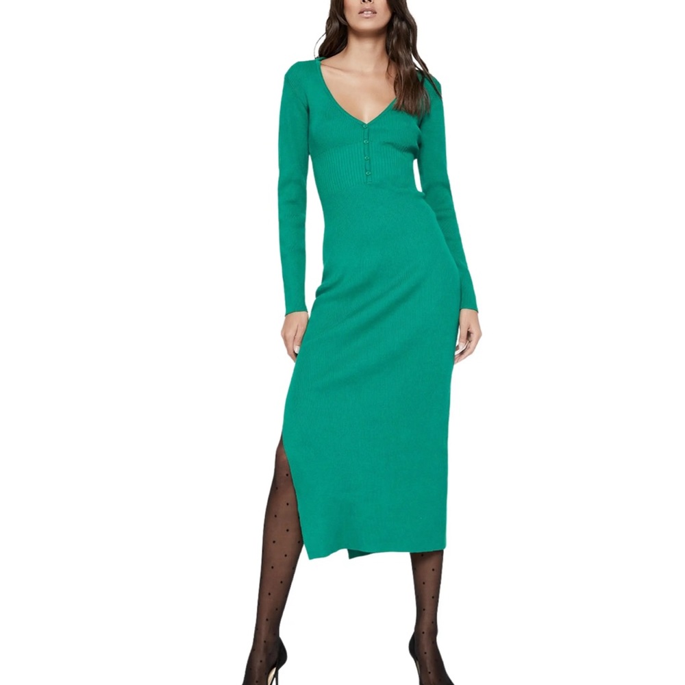 Bardot Collar Knit Long Sleeve Rib Sweater midi Dress in Bright green Size L